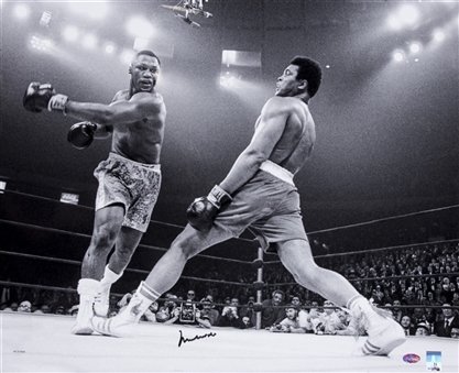 Muhammad Ali Signed 20 x 24 Black & White Photograph Of Joe Frazier Swinging At Ali (PSA/DNA GEM MT 10)